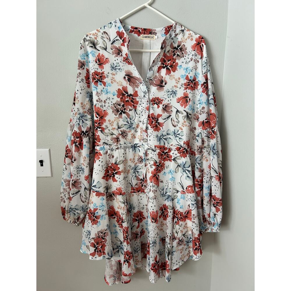 Clarisbelle Women's Long Sleeves Button up Tie Waist Floral Chiffon Dress 2XL